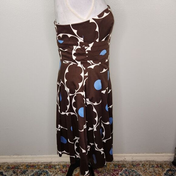 VTG Kay Unger Brown & Blue Polka Dot Strapless Fit & Flare Pleated Hem Dress 12 - Picture 7 of 15